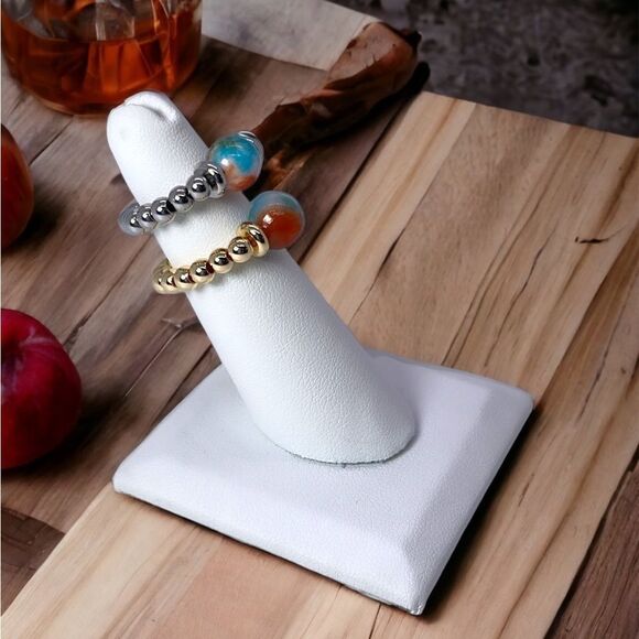 NWT Wool + Pepper Co. Blue Orange Jade Beaded Ring with Silver or Gold - Picture 5 of 5